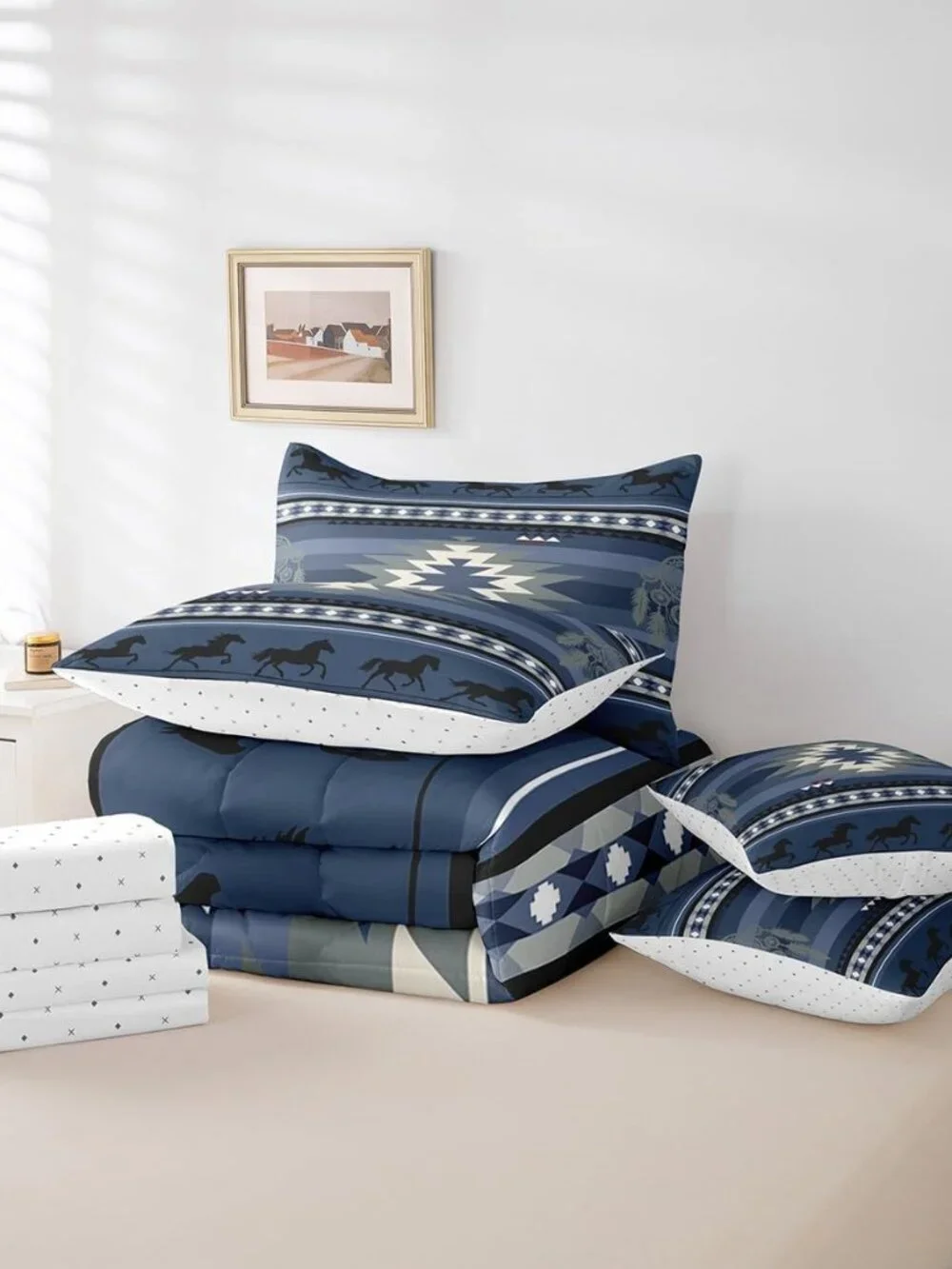Blue Rustic Western Comforter Set with Sheets Southwestern Aztec 7 Piece Bedding